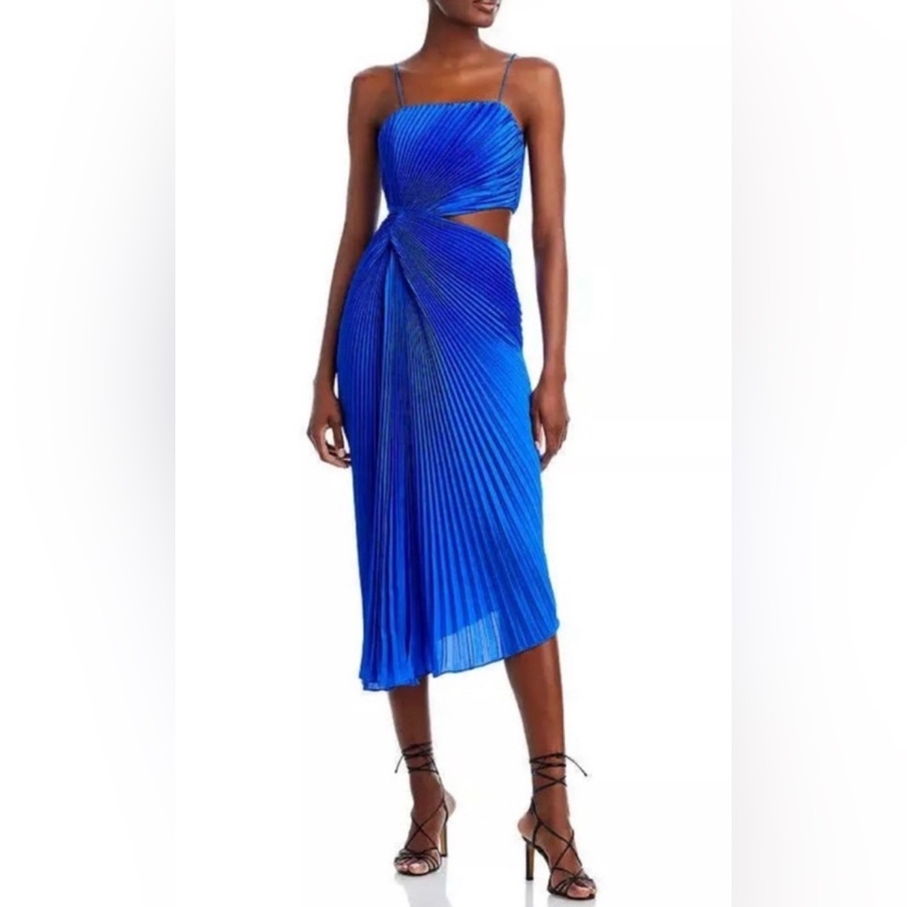 Alice + Olivia Cobalt Blue Pleated Twist-Knot Midi Dress